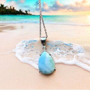 Larimar ✦ Sterling Silver Necklace ✦ Teardrop Cut 18" Cable Chain Rhodium Finish